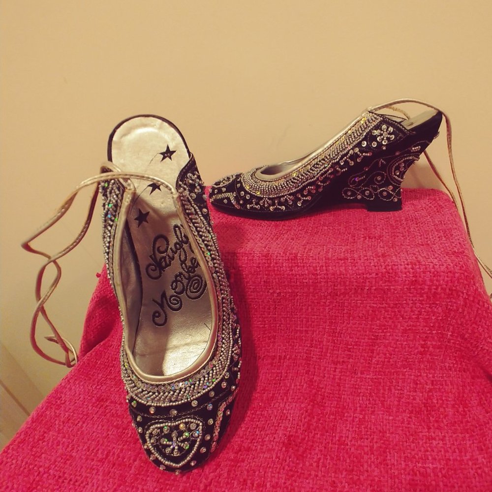 Embroidered Ballerina Style Sandals Embellished w/ Iridescent Sequins & Beading - Picture 7 of 14